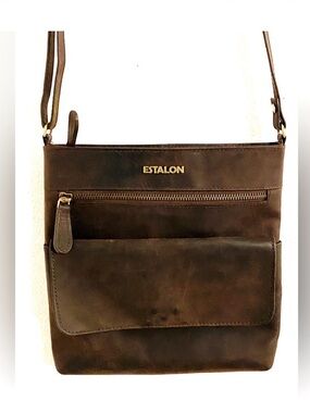 Estalon Women's Dark Brown Leather Messenger Bag with Front Pocket